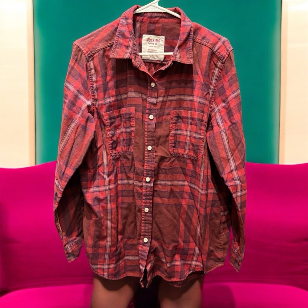 Mossimo Supply Co. Men's Red and Blue Plaid Button Down Shirt XL